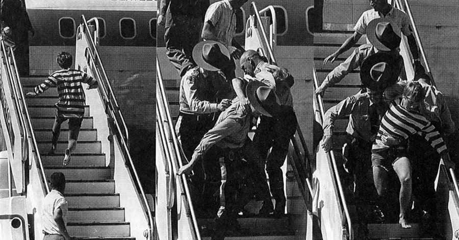 Bruce Decker on the aircraft steps Bruce Decker on the aircraft steps